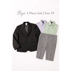Boys 4T 4 Piece Suit Set Black Blazer Houndstooth Pants Dress Shirts Formal